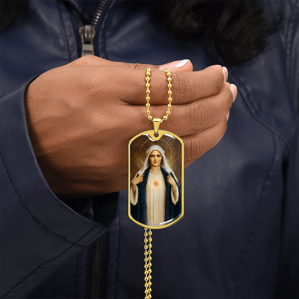 Immaculate Heart of Mary Personalized Dog Tag Necklace (Stainless Steel or 18K Gold Finish)