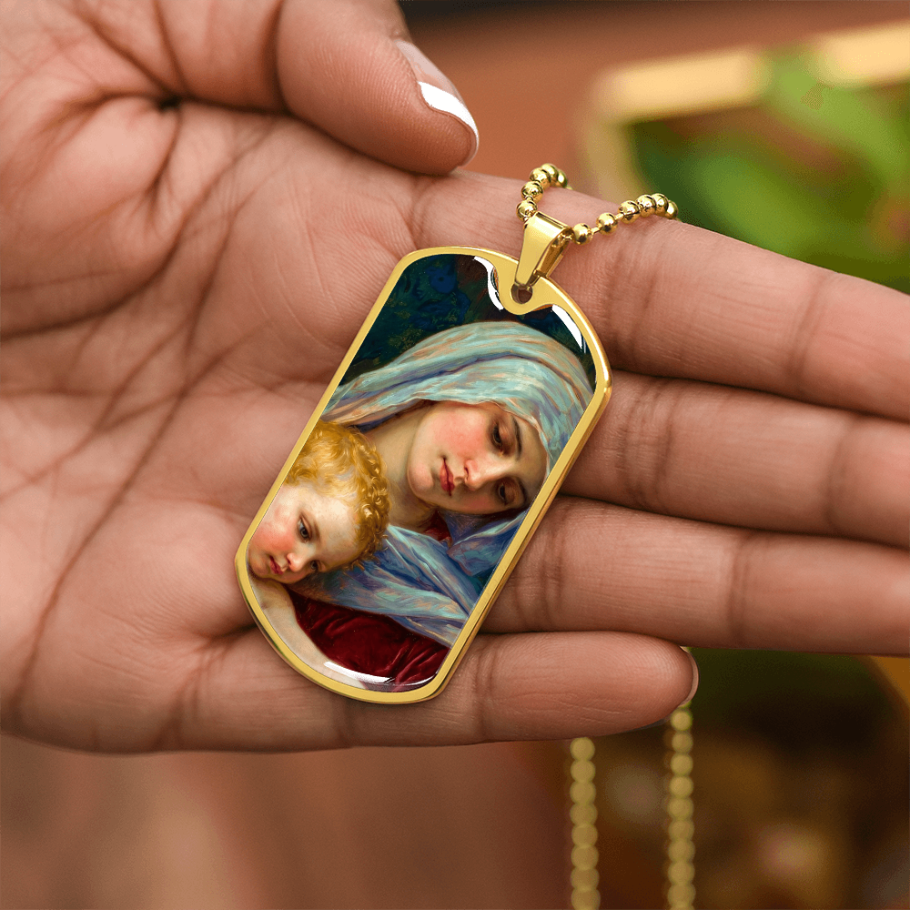 The Virgin Mary and the Child Jesus Personalized Dog Tag Necklace (Stainless Steel or 18K Gold Finish)