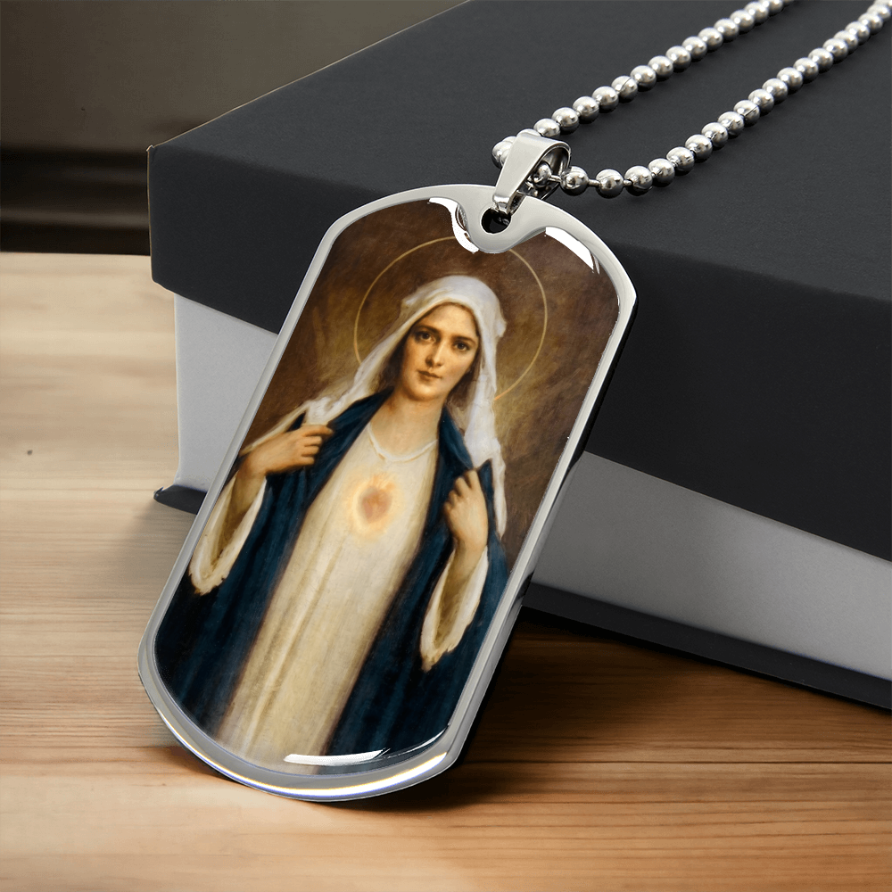 Immaculate Heart of Mary Personalized Dog Tag Necklace (Stainless Steel or 18K Gold Finish)