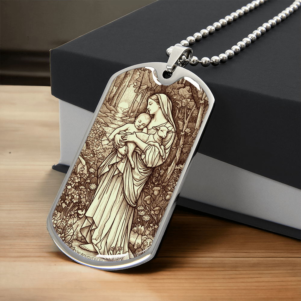 L'Innocence Mother Mary and the Child Jesus Vintage Dog Tag Necklace