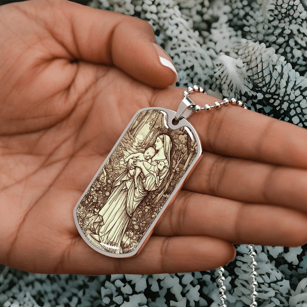 L'Innocence Mother Mary and the Child Jesus Vintage Dog Tag Necklace