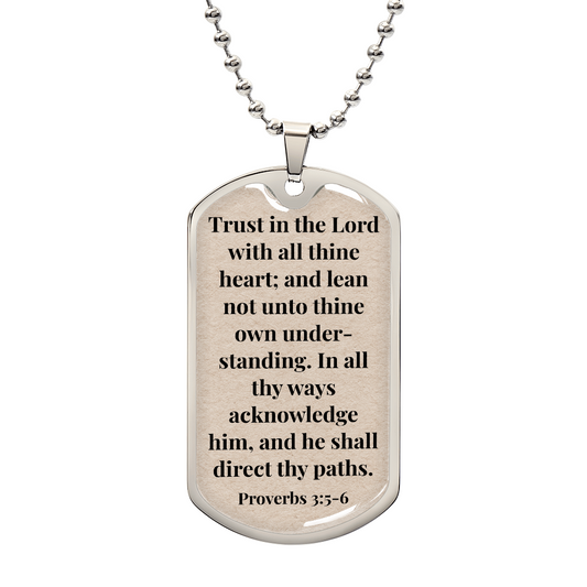 Proverbs 3:5-6 Personalized Back-Engraved Dog Tag Necklace (Polished Stainless Steel or 18K Gold Finish)