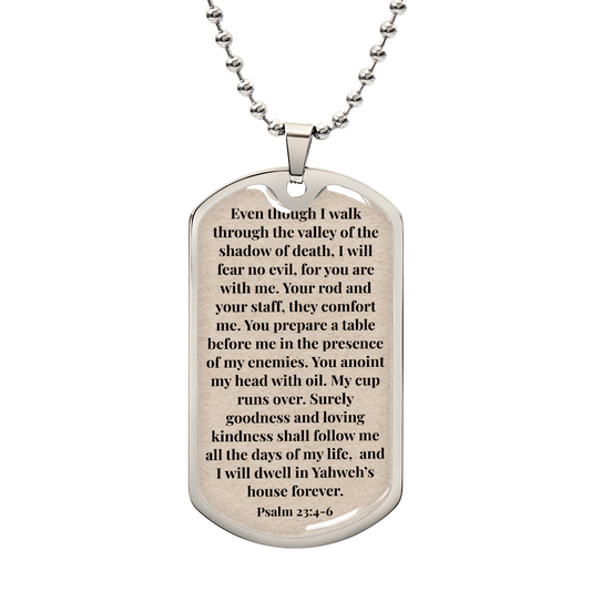 Psalm 23:4-6 Personalized Back-Engraved Dog Tag Necklace (Polished Stainless Steel or 18K Gold Finish)