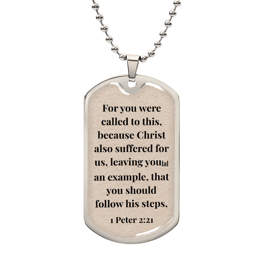 1 Peter 2:21 Personalized Back-Engraved Dog Tag Necklace (Polished Stainless Steel or 18K Gold Finish)