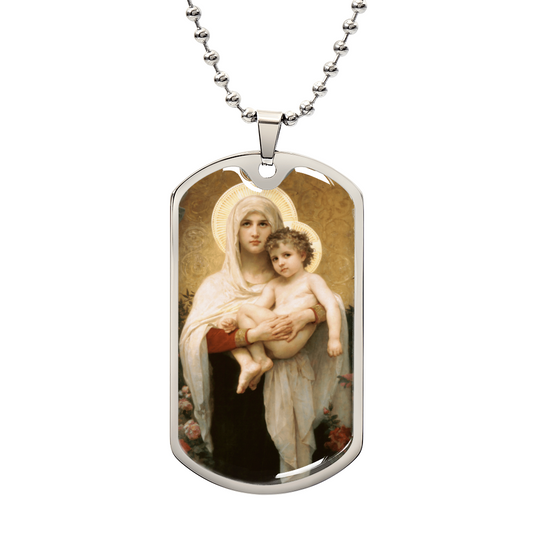 Madonna of the Roses Personalized Dog Tag Necklace (Stainless Steel or 18K Gold Finish)