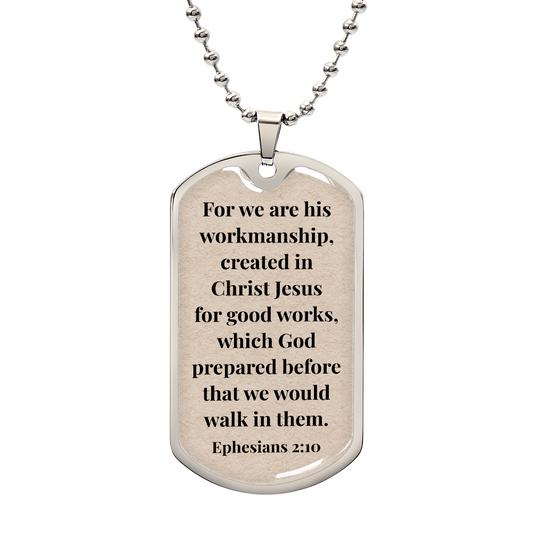 Ephesians 2:10 Personalized Back-Engraved Dog Tag Necklace (Polished Stainless Steel or 18K Gold Finish)
