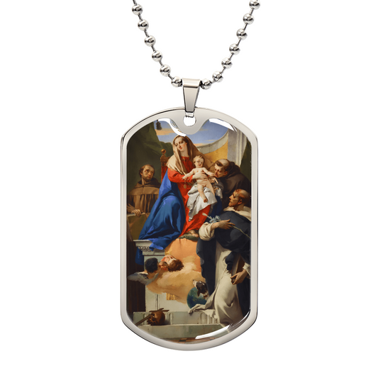 Madonna with Saint Ludovic of Toulouse, Saint Antonio of Padua and Saint Francis of Assisi Personalized Dog Tag Necklace (Stainless Steel or 18K Gold Finish)