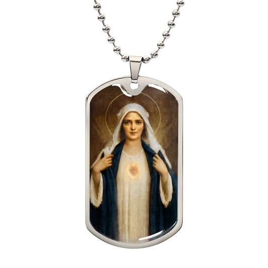 Immaculate Heart of Mary Personalized Dog Tag Necklace (Stainless Steel or 18K Gold Finish)