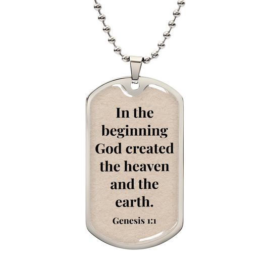 Genesis 1:1 Personalized Back-Engraved Dog Tag Necklace (Polished Stainless Steel or 18K Gold Finish)