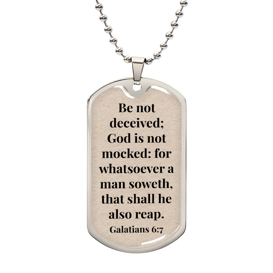 Galatians 6:7 Personalized Back-Engraved Dog Tag Necklace (Polished Stainless Steel or 18K Gold Finish)