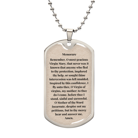 Memorare Personalized Dog Tag Necklace (Stainless Steel or 18K Gold Finish)