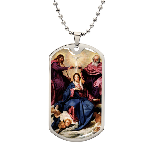 Coronation of the Virgin Mary Personalized Dog Tag Necklace (Stainless Steel or 18K Gold Finish)