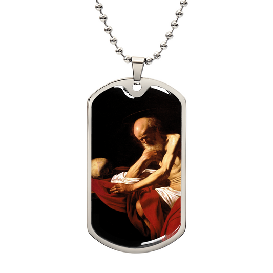 St. Jerome in Meditation Personalized Dog Tag Necklace (Stainless Steel or 18K Gold Finish)