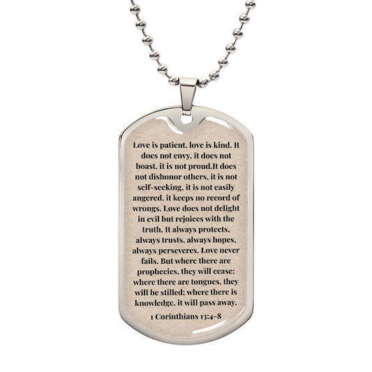 1 Corinthians 13:4-8 Personalized Dog Tag Necklace (Stainless Steel or 18K Gold Finish)