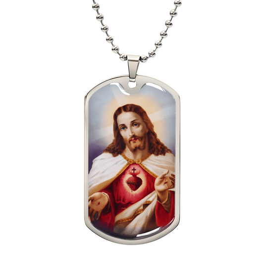 Sacred Heart Personalized Dog Tag Necklace (Stainless Steel or 18K Gold Finish)