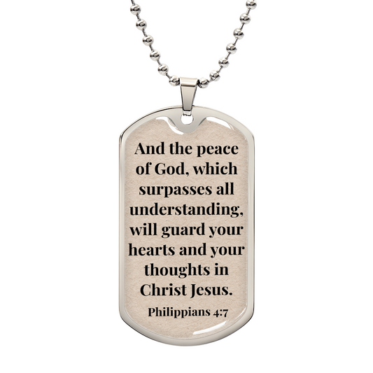 Philippians 4:7 Personalized Back-Engraved Dog Tag Necklace (Polished Stainless Steel or 18K Gold Finish)