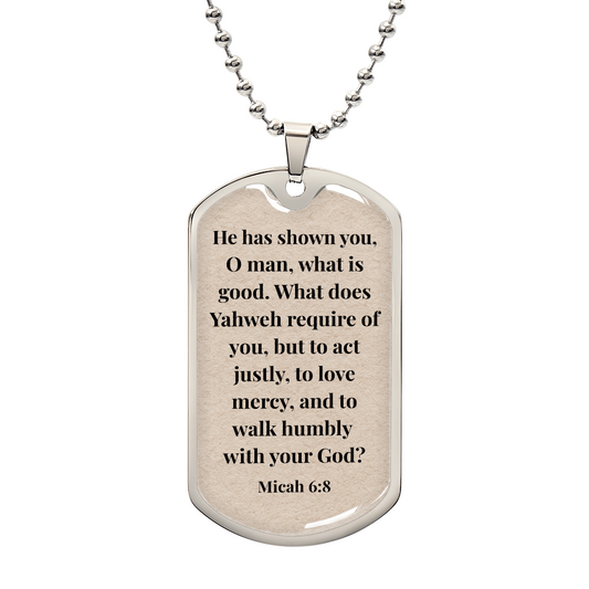 Micah 6:8 Personalized Back-Engraved Dog Tag Necklace (Polished Stainless Steel or 18K Gold Finish)