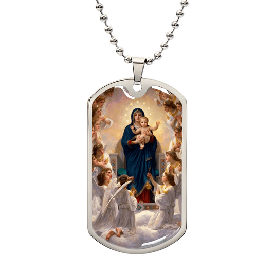 Mary Queen of Angels Personalized Dog Tag Necklace (Stainless Steel or 18K Gold Finish)