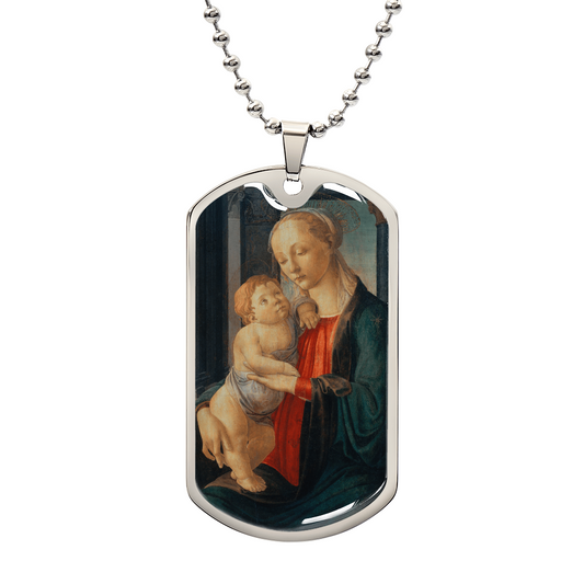 Madonna and Child Personalized Dog Tag Necklace (Stainless Steel or 18K Gold Finish)