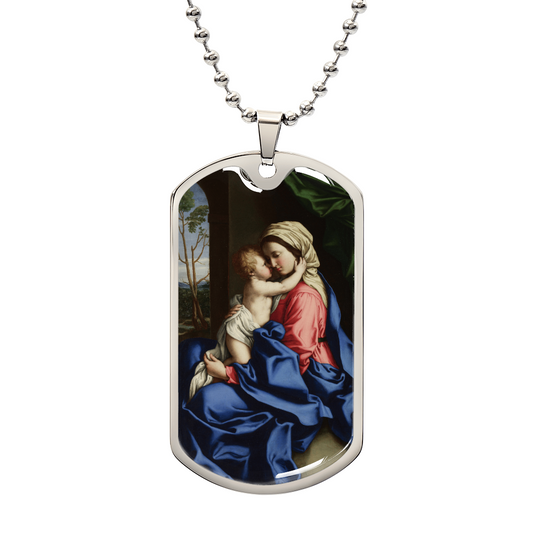 Virgin and Child Embracing Personalized Dog Tag Necklace (Stainless Steel or 18K Gold Finish)