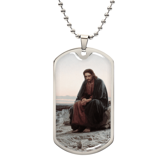 Christ in the Desert Personalized Dog Tag Necklace (Stainless Steel or 18K Gold Finish)