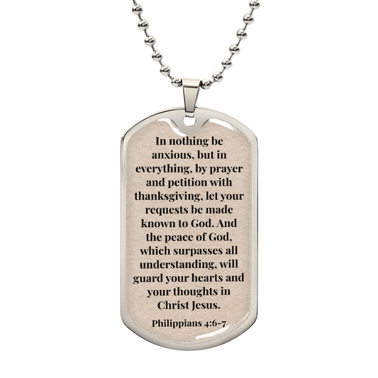 Philippians 4:6-7 Personalized Back-Engraved Dog Tag Necklace (Polished Stainless Steel or 18K Gold Finish)