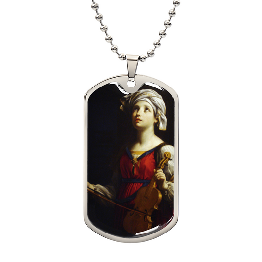 St. Cecilia Personalized Dog Tag Necklace (Stainless Steel or 18K Gold Finish)