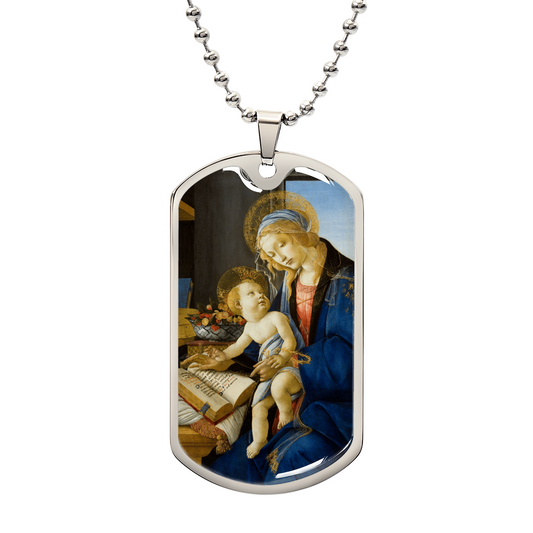 Madonna of the Book Personalized Dog Tag Necklace (Stainless Steel or 18K Gold Finish)