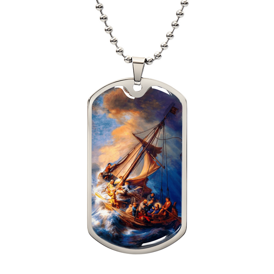 The Storm on the Sea of Galilee Personalized Dog Tag Necklace (Stainless Steel or 18K Gold Finish)