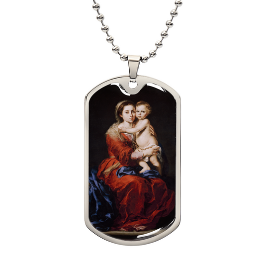 The Virgin of the Rosary Personalized Dog Tag Necklace (Stainless Steel or 18K Gold Finish)