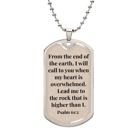 Psalm 61:2 Personalized Back-Engraved Dog Tag Necklace (Polished Stainless Steel or 18K Gold Finish)