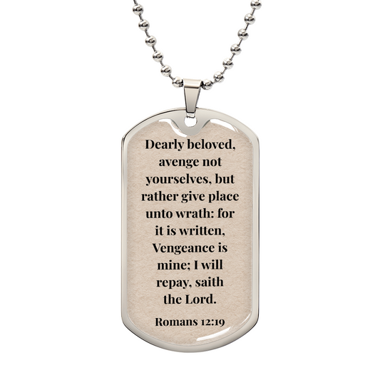 Romans 12:19 Personalized Back-Engraved Dog Tag Necklace (Polished Stainless Steel or 18K Gold Finish)
