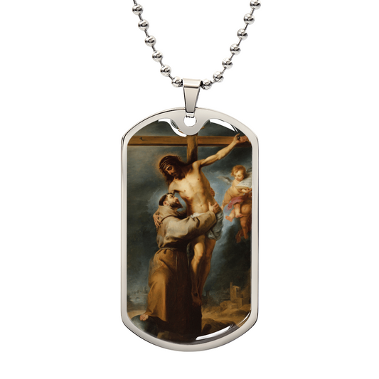 St. Francis Embracing the Crucifix Personalized Dog Tag Necklace (Stainless Steel or 18K Gold Finish)