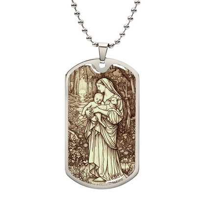L'Innocence Mother Mary and the Child Jesus Vintage Dog Tag Necklace
