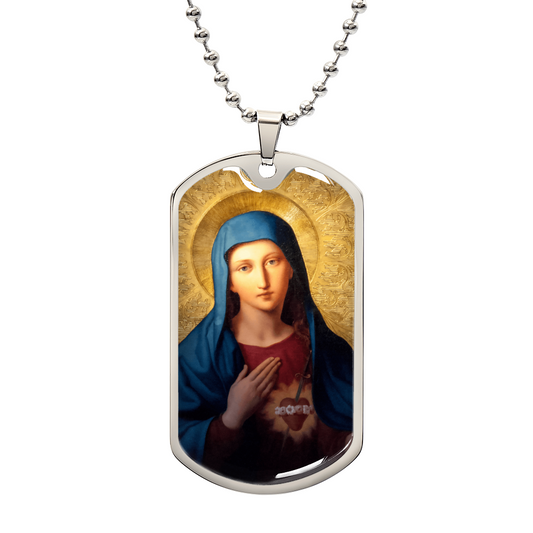 Immaculate Heart of Mary Personalized Dog Tag Necklace (Stainless Steel or 18K Gold Finish)