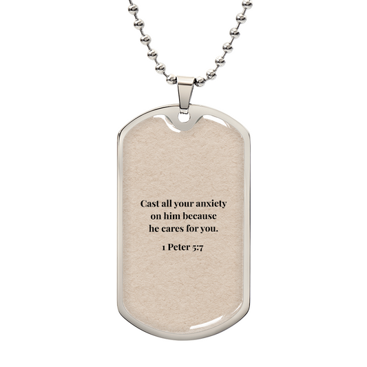 1 Peter 5:7 Personalized Dog Tag Necklace (Stainless Steel or 18K Gold Finish)