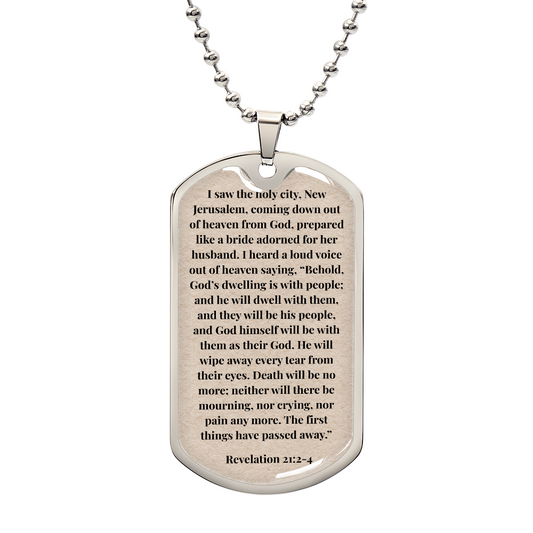 Revelation 21:2-4 Personalized Back-Engraved Dog Tag Necklace (Polished Stainless Steel or 18K Gold Finish)