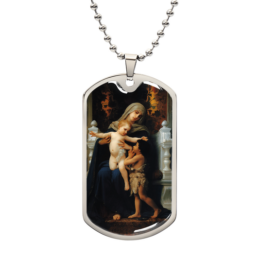 Virgin and Child Personalized Dog Tag Necklace (Stainless Steel or 18K Gold Finish)
