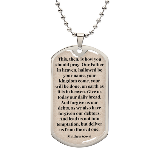 Matthew 6:9-13 Personalized Back-Engraved Dog Tag Necklace (Polished Stainless Steel or 18K Gold Finish)