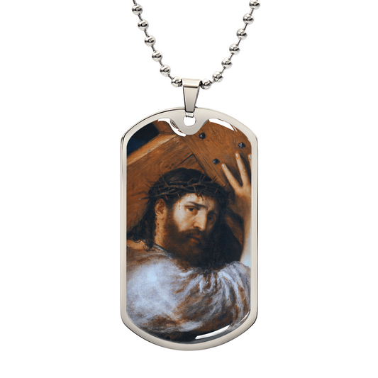 Christ Carrying His Cross Personalized Dog Tag Necklace (Stainless Steel or 18K Gold Finish)