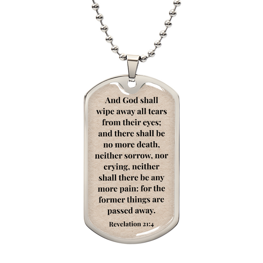 Revelation 21:4 Personalized Back-Engraved Dog Tag Necklace (Polished Stainless Steel or 18K Gold Finish)