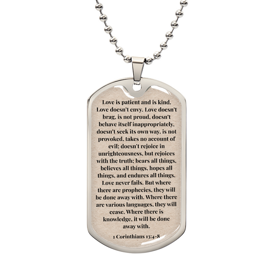 1 Corinthians 13:4-8 Personalized Back-Engraved Dog Tag Necklace (Polished Stainless Steel or 18K Gold Finish)
