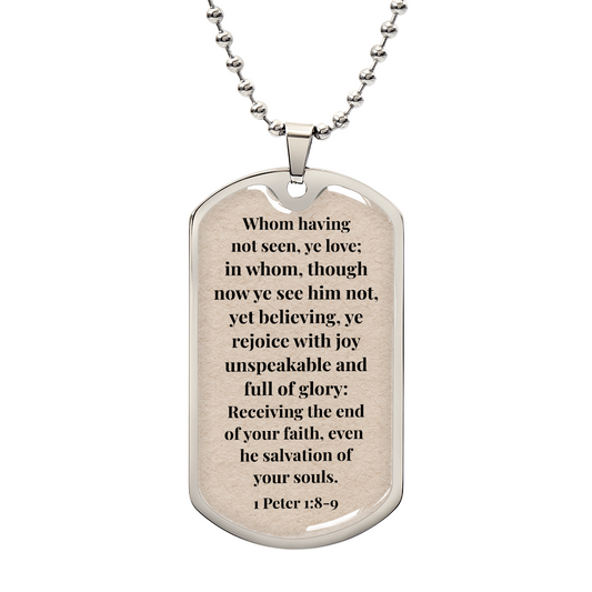 1 Peter 1:8-9 Personalized Back-Engraved Dog Tag Necklace (Polished Stainless Steel or 18K Gold Finish)