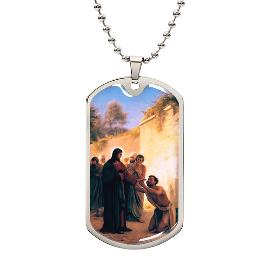 Jesus Heals the Blind Man Personalized Dog Tag Necklace (Stainless Steel or 18K Gold Finish)