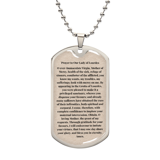 Prayer to Our Lady of Lourdes Personalized Dog Tag Necklace (Stainless Steel or 18K Gold Finish)