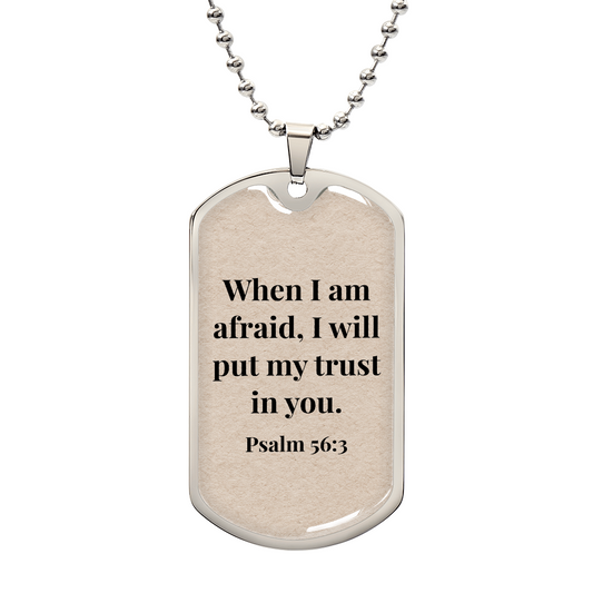 Psalm 56:3 Personalized Back-Engraved Dog Tag Necklace (Polished Stainless Steel or 18K Gold Finish)
