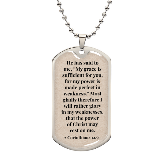 2 Corinthians 12:9 Personalized Back-Engraved Dog Tag Necklace (Polished Stainless Steel or 18K Gold Finish)