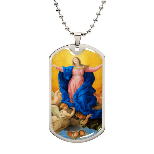 Assumption of the Virgin Mary Personalized Dog Tag Necklace (Stainless Steel or 18K Gold Finish)