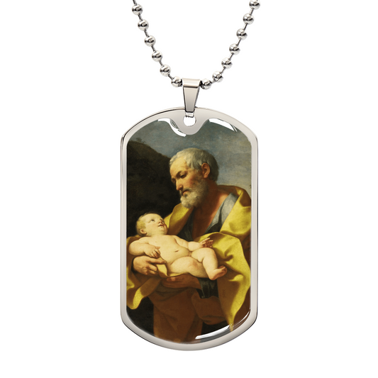 St. Joseph and the Child Jesus Personalized Dog Tag Necklace (Stainless Steel or 18K Gold Finish)