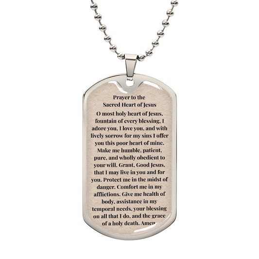 Prayer to the Sacred Heart of Jesus Personalized Dog Tag Necklace (Stainless Steel or 18K Gold Finish)